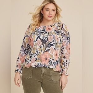 Maurices 0X Floral Smocked Long Sleeve top